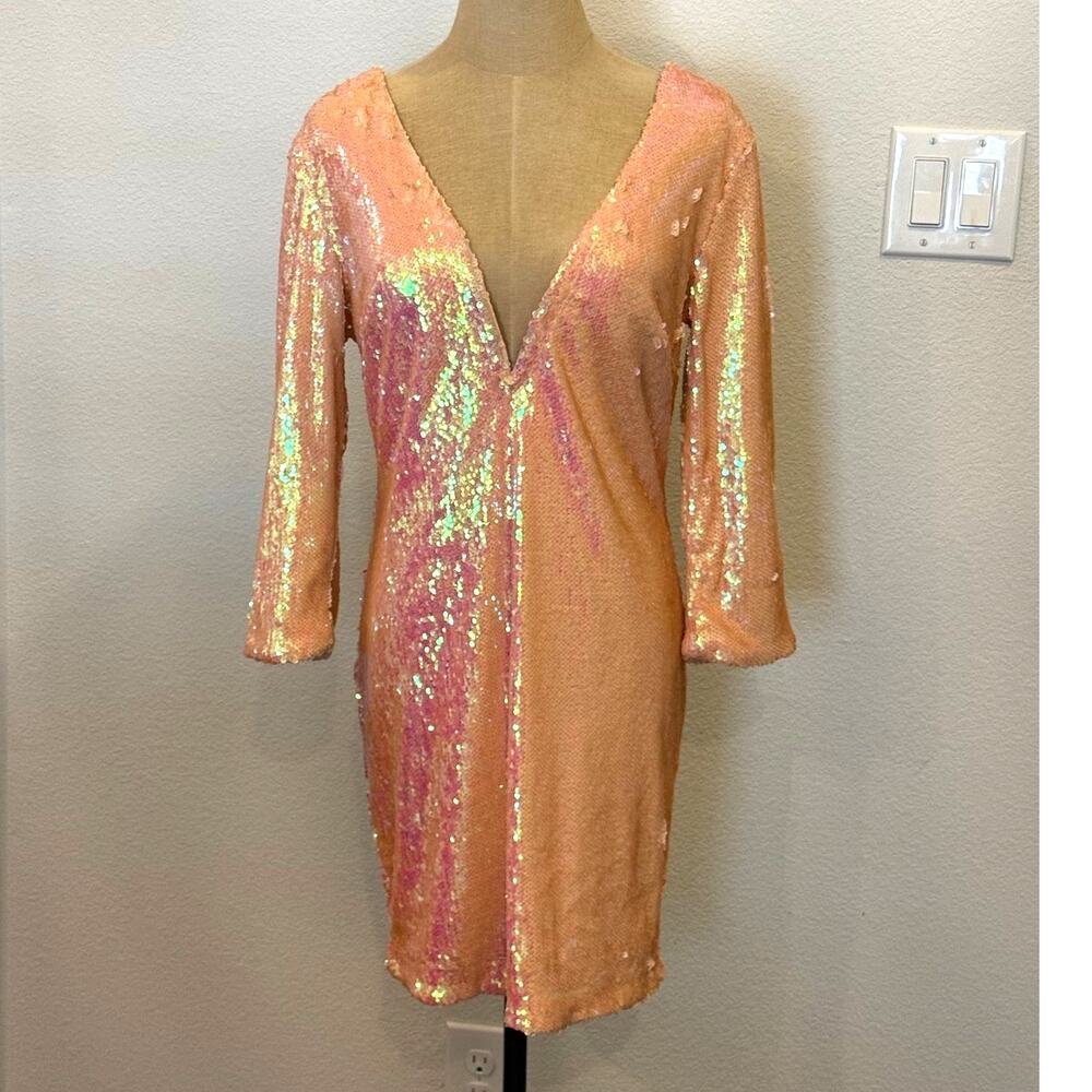 VENUS Peach Sequin Cocktail Homecoming Deep V Neck Party Dress M